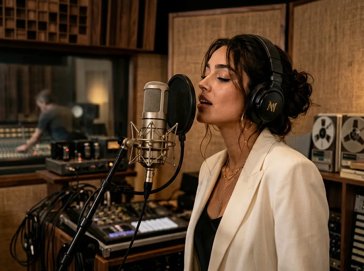 Artist singing into microphone